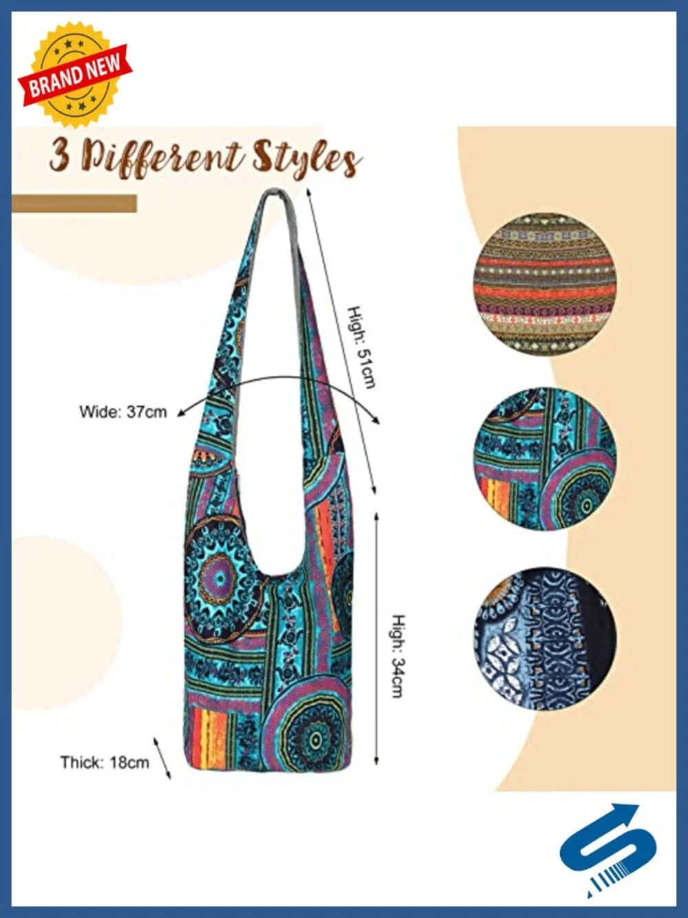 3 Boho Hippie Crossbody Bags Cotton Shoulder Handbags Unisex